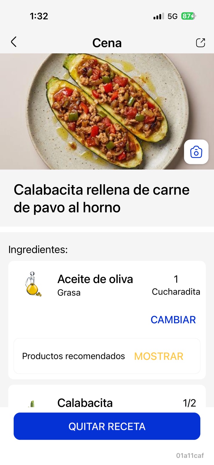 App de Avena: receta de la cena, calabacita rellena de carne de pavo al horno, con sus ingredientes y porciones.